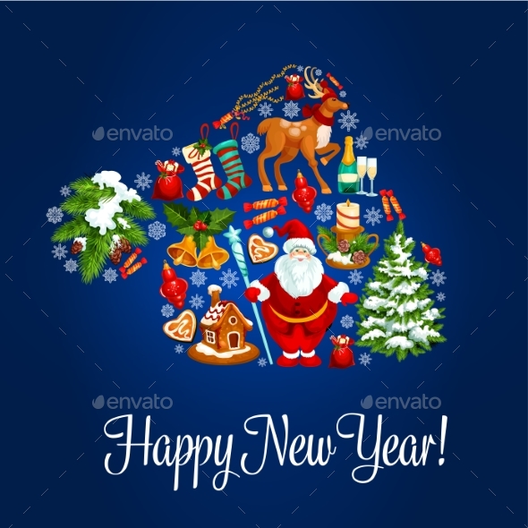 Happy New Year Greeting Poster. Santa Hat Symbol - New Year Seasons/Holidays
