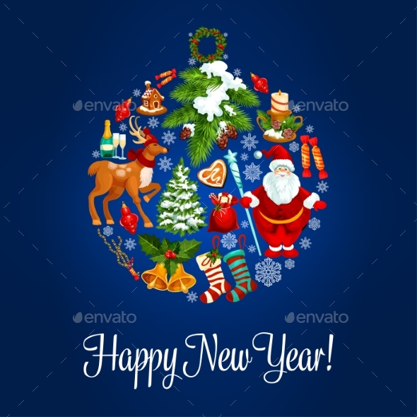 Happy New Year Greeting Card. Ornament Ball - New Year Seasons/Holidays