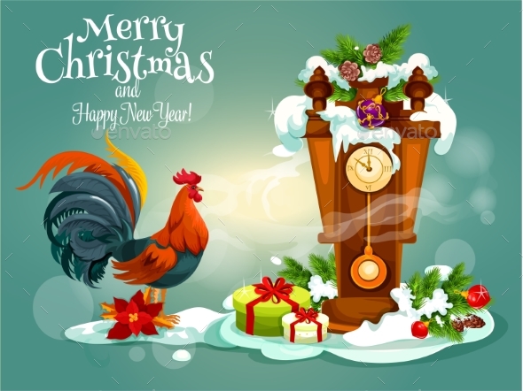 Merry Christams and Red Rooster New Year Greeting - Christmas Seasons/Holidays