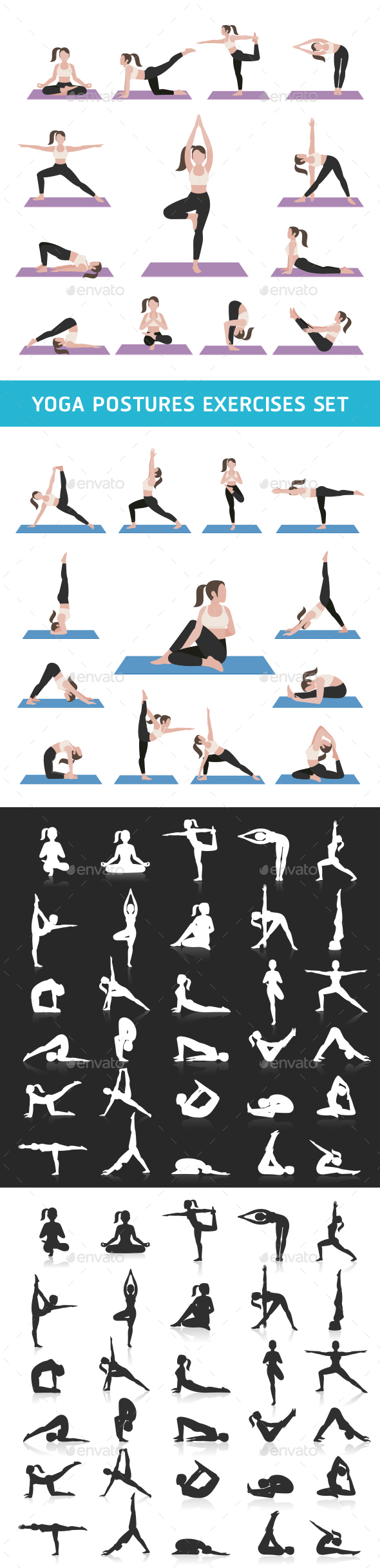 Yoga Postures Exercises Icons Set., Vectors | GraphicRiver, image size:590x2432