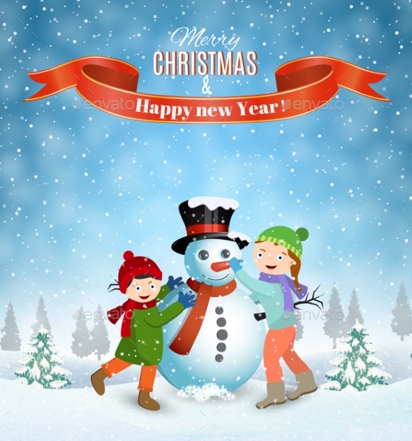 Children Building Snowman. - Christmas Seasons/Holidays