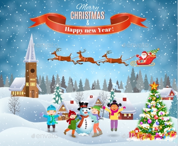 Children Building Snowman. - Christmas Seasons/Holidays