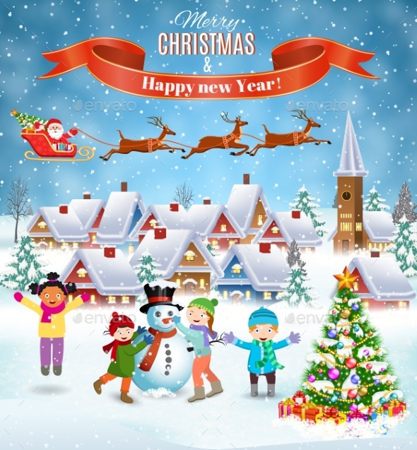 Children Building Snowman. - Christmas Seasons/Holidays