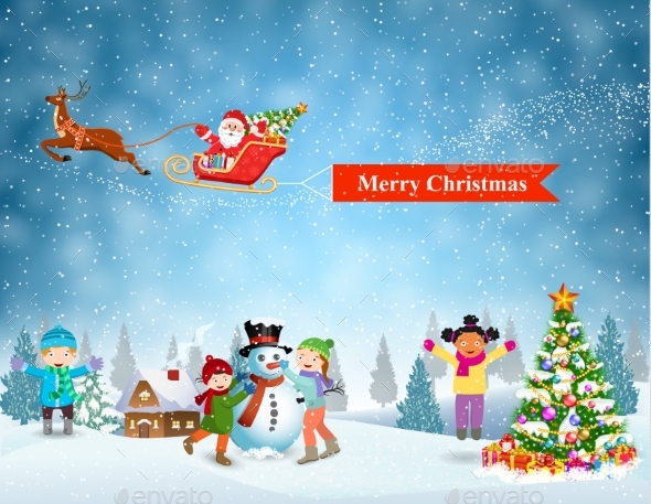Children Building Snowman. - Christmas Seasons/Holidays