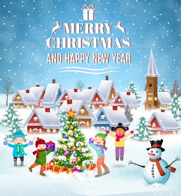 Children Building Snowman. - Christmas Seasons/Holidays