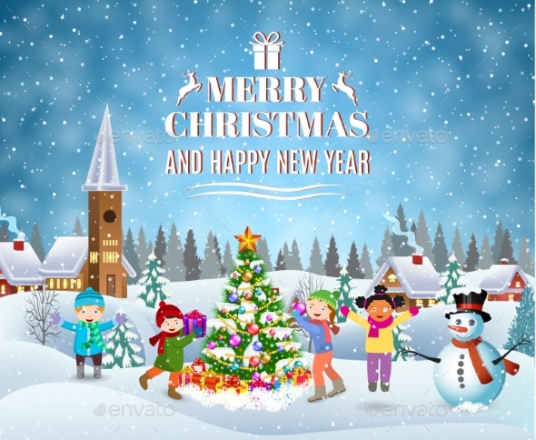 Children Building Snowman. - Christmas Seasons/Holidays