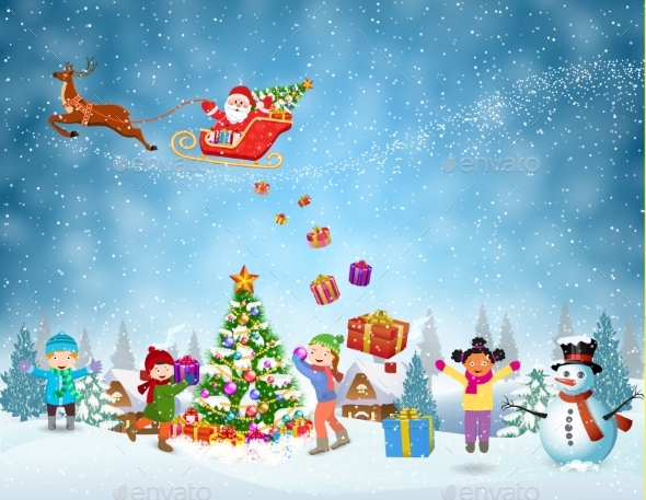 Children Building Snowman. - Christmas Seasons/Holidays
