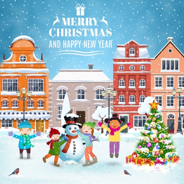 Christmas Postcard with Vintage Street - Christmas Seasons/Holidays