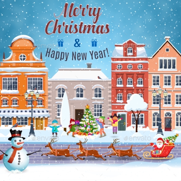 Christmas Postcard with Vintage Street - Christmas Seasons/Holidays