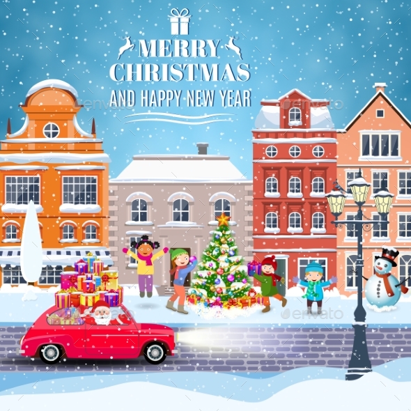 Winter City Street with Trees and Car - Christmas Seasons/Holidays