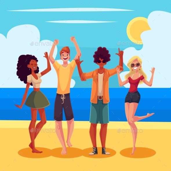 Young People Dancing on the Beach at a Seaside - People Characters