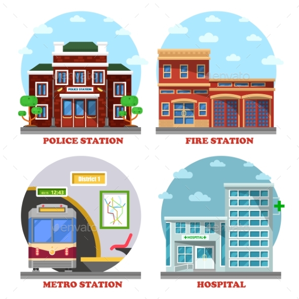 Fire Station Metro Police and Hospital Buildings - Health/Medicine Conceptual