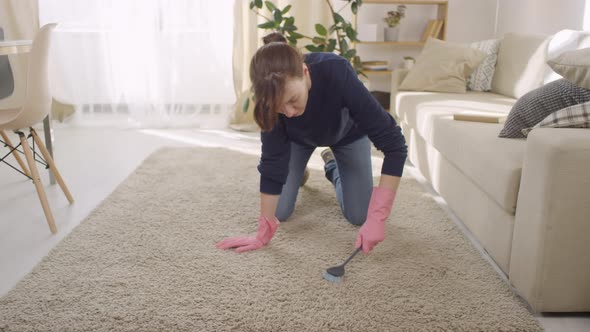 Woman in Gloves Cleaning Carpet Fibers alt