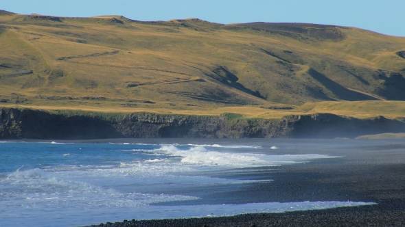 Powerful Waves of Atlantic Ocean on Southern Coast of Iceland, Black Sand Beach, Near Volcano Katla