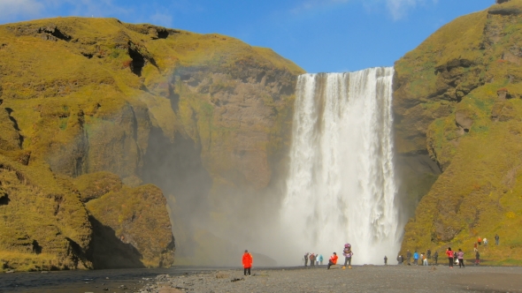 Most Famous Icelandic Waterfall Skogafoss in Sunny Autumn Day