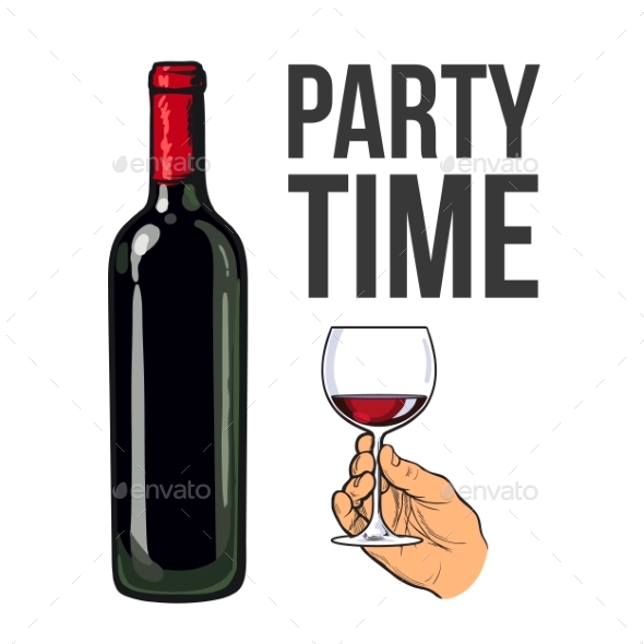 Red Wine Bottle and Hand Holding a Glass - Miscellaneous Vectors