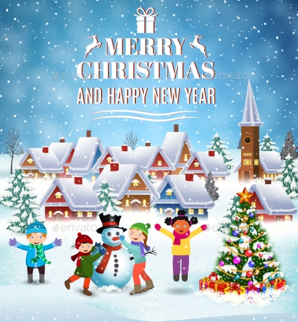 Children Building Snowman. - Christmas Seasons/Holidays