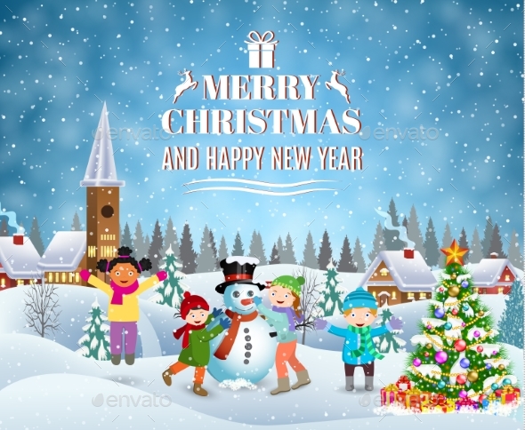 Children Building Snowman. - Christmas Seasons/Holidays