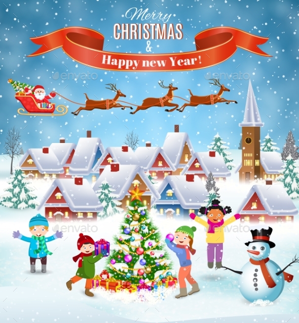 Children Building Snowman. - Christmas Seasons/Holidays