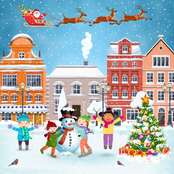 Christmas Postcard with Vintage Street - Christmas Seasons/Holidays