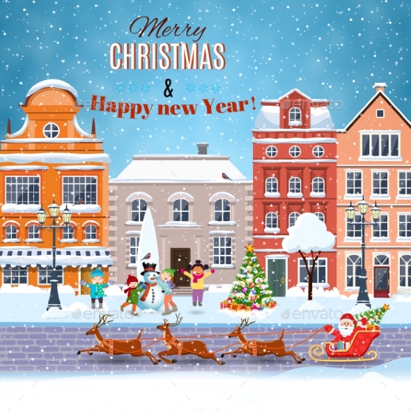 Christmas Postcard with Vintage Street - Christmas Seasons/Holidays
