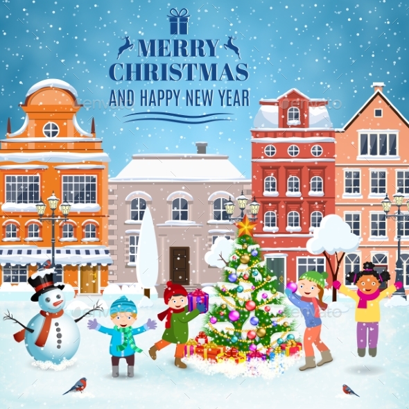 Christmas Postcard with Vintage Street - Christmas Seasons/Holidays