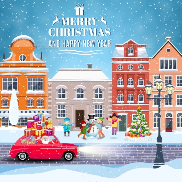 Winter City Street with Trees and Car - Christmas Seasons/Holidays