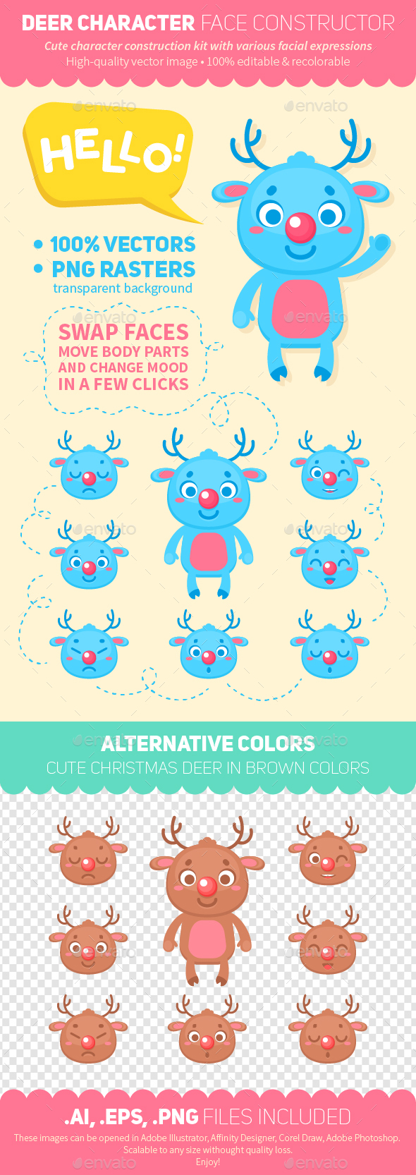 Deer Character Faces Construction Kit - Animals Characters