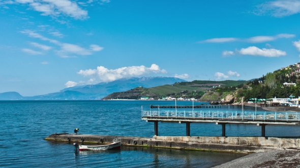 Scenic Summer Panorama of Black Sea Pier .