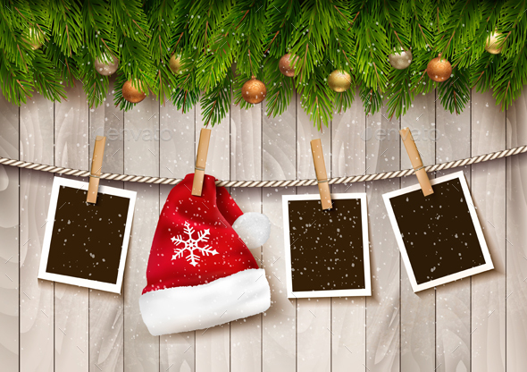 Сhristmas Background with Photos and Santa Hat - Christmas Seasons/Holidays