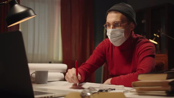 Architecture Student in Mask is Using Video Conference alt