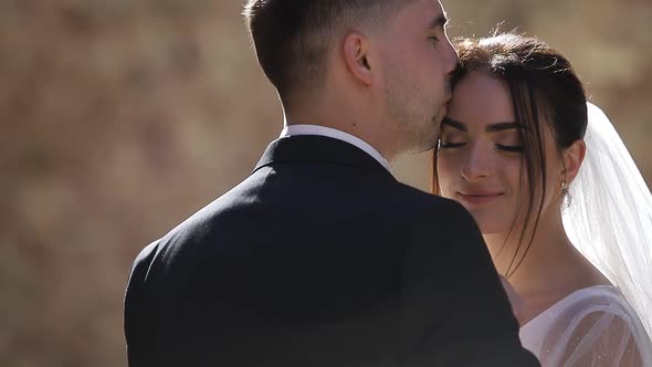 Bride and Groom Holding Hands and Hugging Beautiful Sunlight in the Frame alt