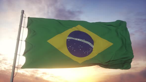 Flag of Brazil Waving in the Wind Against Deep Beautiful Sky alt