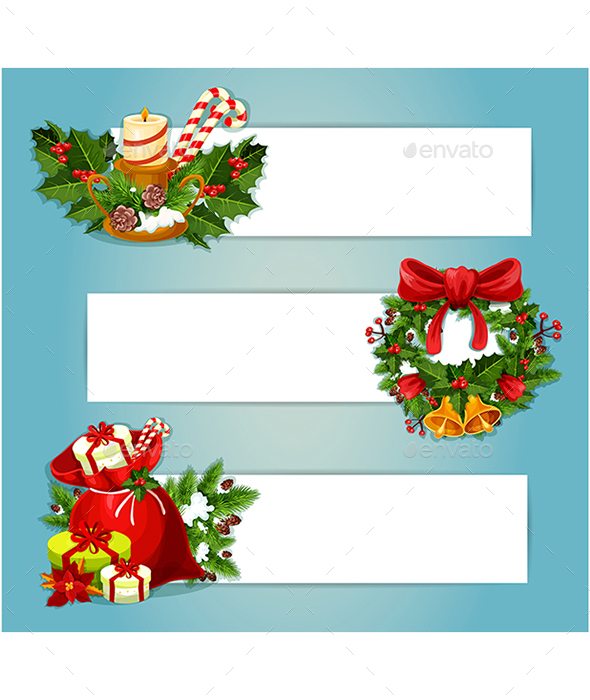 Christmas Banner Set with Gift and Holly Wreath - Christmas Seasons/Holidays
