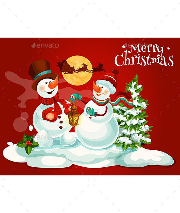 Christmas Snowman With Lantern Greeting Card - Christmas Seasons/Holidays
