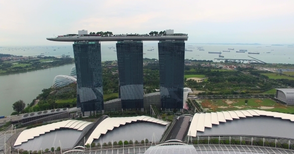 Aerial Footage of Marina Bay Sands with Singapore Seaport Skyline