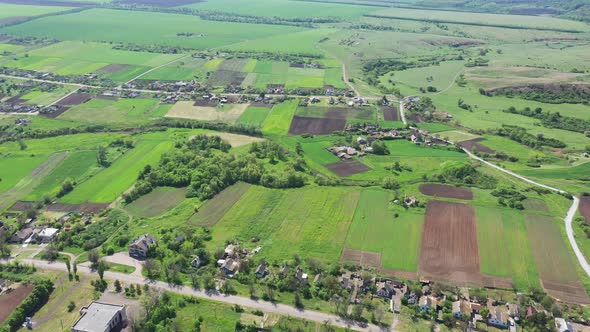 Aerial panorama of agricultural fields and countryside