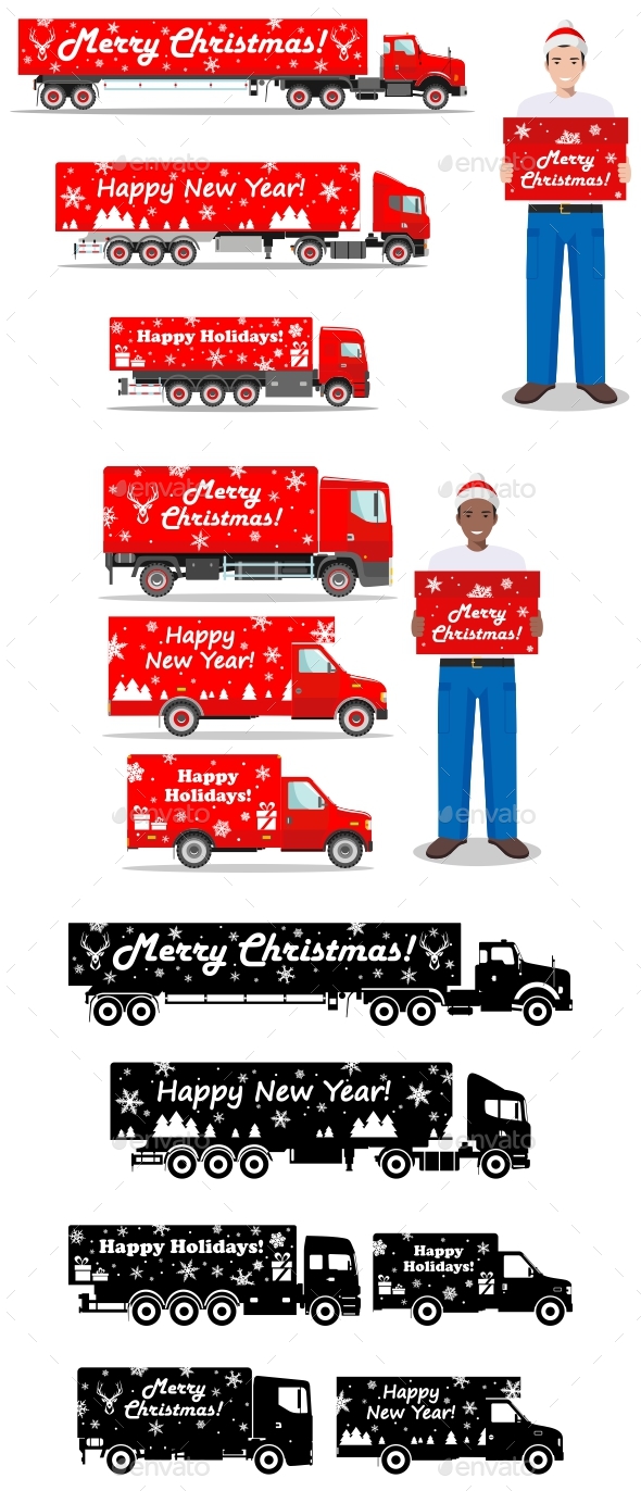 Christmas And New Year Delivery. Set Of Delivery Trucks And Deliveryman Hold The Box. - Christmas Seasons/Holidays