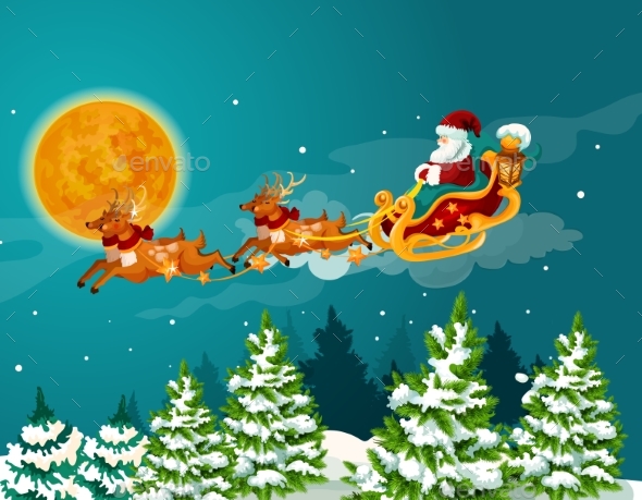 Santa Sleigh with Reindeer Christmas Poster Design - Christmas Seasons/Holidays