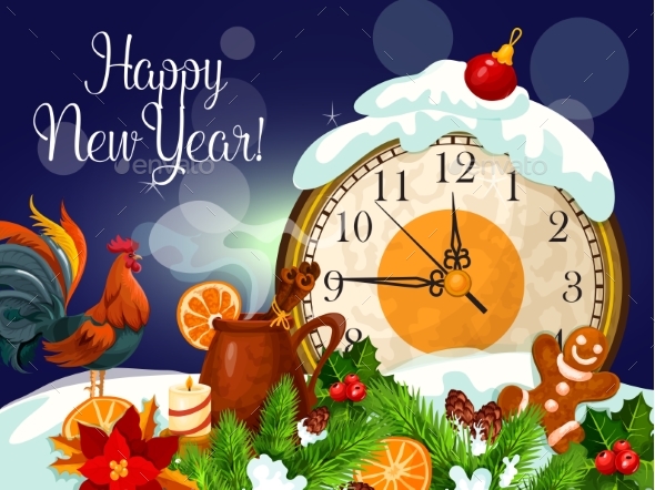 Happy New Year Poster with Clock - New Year Seasons/Holidays