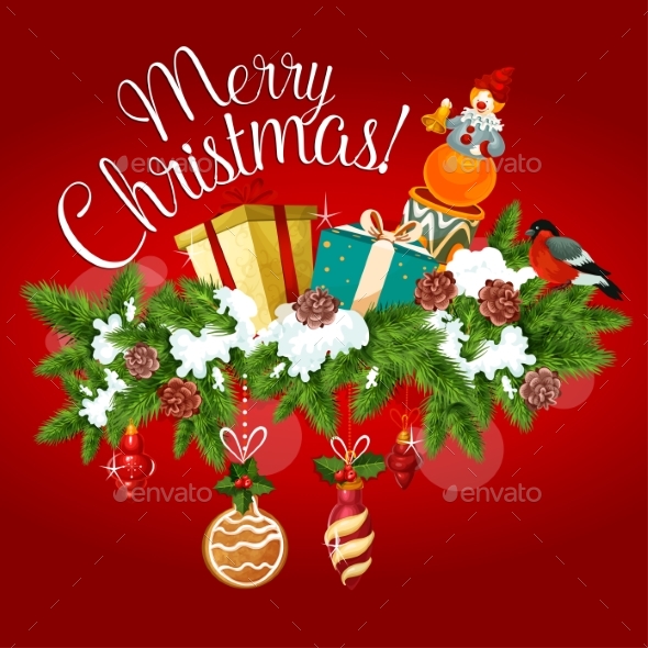 Christmas Greeting Card with Xmas Tree, Gift, Toy - Christmas Seasons/Holidays