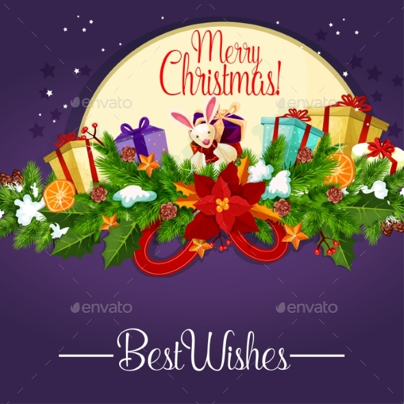Christmas Poster with Holly Berry Garland and Gift - Christmas Seasons/Holidays