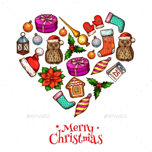 Christmas Heart with Xmas Sketches Poster Design - Christmas Seasons/Holidays