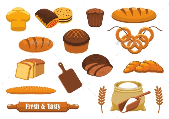 Bread and Bun Icon Set for Bakery, Food Design - Food Objects