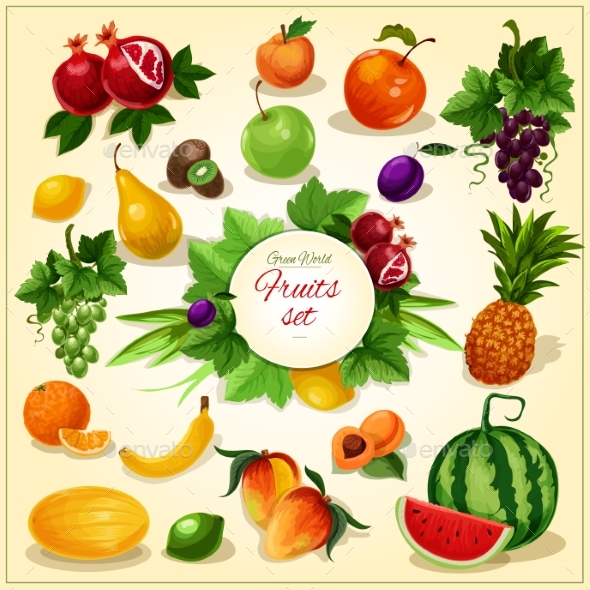 Ripe Fruit with Leaves Cartoon Poster - Food Objects