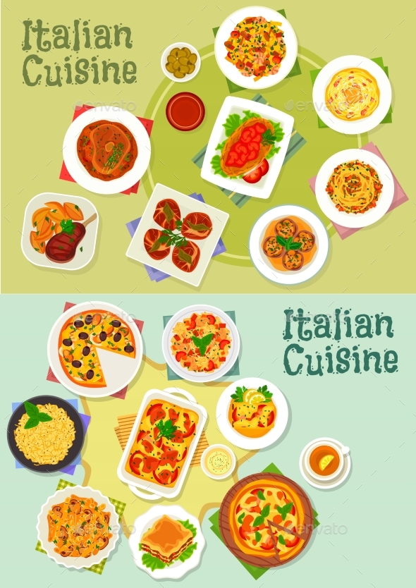 Italian Cuisine Pasta and Pizza Dishes Icon - Food Objects