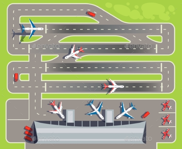 Airport with Passenger Terminal, Airplanes - Miscellaneous Vectors