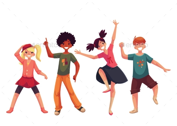 Little Kids Dancing Expressively, Cartoon Style - People Characters