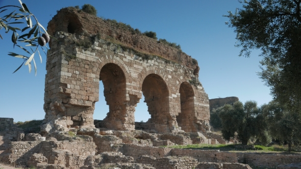Ancient Ruins of Byzantine City Named Tralleis with Olive Trees, Aydin, Turkey. .