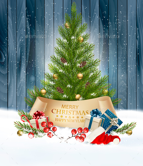 Holiday Christmas Background with Gift Boxes and Tree - Christmas Seasons/Holidays